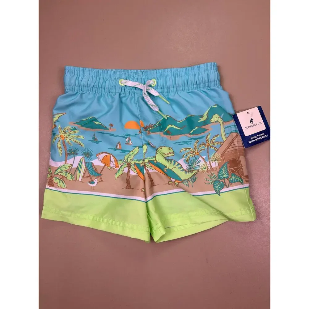 Caribbean Joe Boys Swim Trunks Size 4 XS Dinosaur Tropical Beach Print NWT